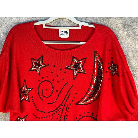 VTG Barry & Me Sweater Large Red Sequin Celestial Stars and Moon 80s 90s - Picture 2 of 7